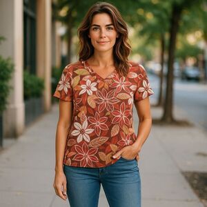 Alfred Dunner Ladies Top Size Med Colorful Tropical Floral Brown Orange Green